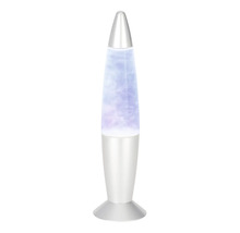 Lavalampe in Raketenform mit silbernem Gehäuse und blauer Flüssigkeit mit Glitzereffekt.