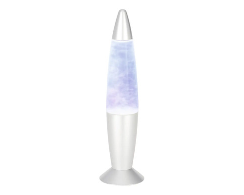 Lavalampe in Raketenform mit silbernem Gehäuse und blauer Flüssigkeit mit Glitzereffekt.