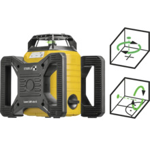 Stabila Rotationslaser LAR 160 G mit grünem Laserstrahl und Funktionsdiagrammen für horizontale und vertikale 360 Grad Projektion.