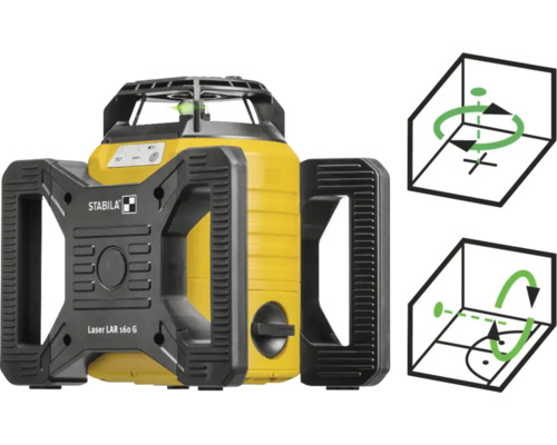 Stabila Rotationslaser LAR 160 G mit grünem Laserstrahl und Funktionsdiagrammen für horizontale und vertikale 360 Grad Projektion.