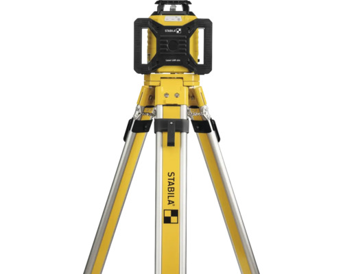 Stabila LAR 160 Rotationslaser auf einem gelb-silbernen Stativ aus Aluminium.