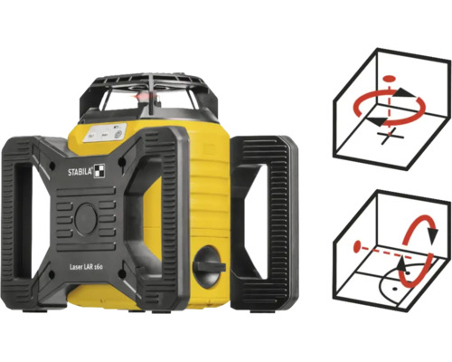 Stabila Rotationslaser LAR 160 mit Stabila Logo, Griffen und Diagrammen zur horizontalen und vertikalen Nivellierung.