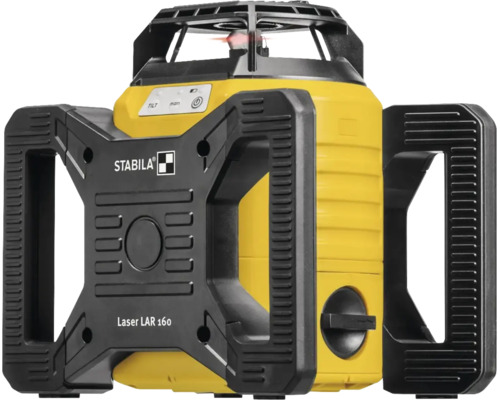 Stabila Rotationslaser LAR 160 mit zwei Haltegriffen und Schutzkäfig in Gelb und Schwarz.