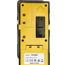 Rückansicht eines Laserempfängers mit Display, Batteriefach und Kennzeichnungen zur Konformität sowie Entsorgung.