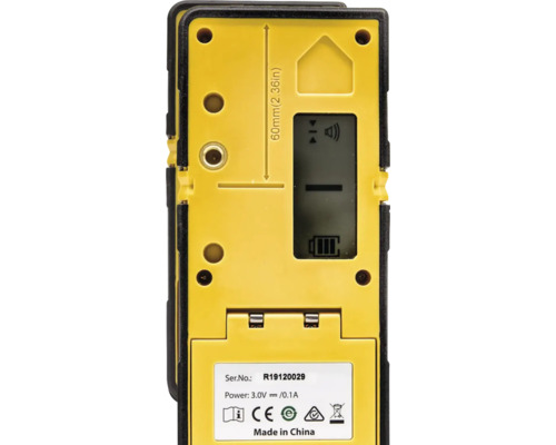 Rückansicht eines Laserempfängers mit Display, Batteriefach und Kennzeichnungen zur Konformität sowie Entsorgung.