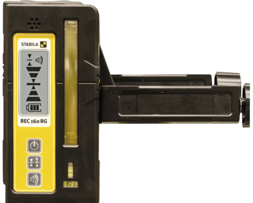 Stabila Laser-Empfänger REC 160 RG mit Halterung, Stabila Logo, digitalem Display und Libellen für präzise Messungen.