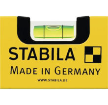 Nahaufnahme einer Stabila Wasserwaage mit Libelle, Stabila Logo und dem Schriftzug Hergestellt in Deutschland.