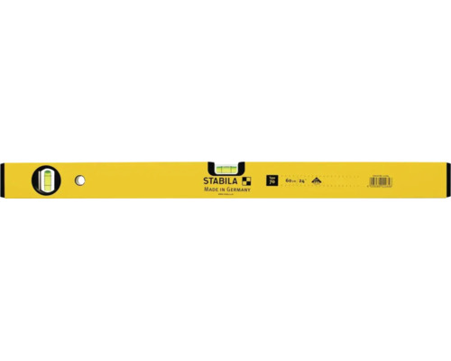 Gelbe Stabila Wasserwaage Typ 70, Länge 60 Zentimeter, aus Aluminium mit Messskala, horizontaler und vertikaler Libelle.