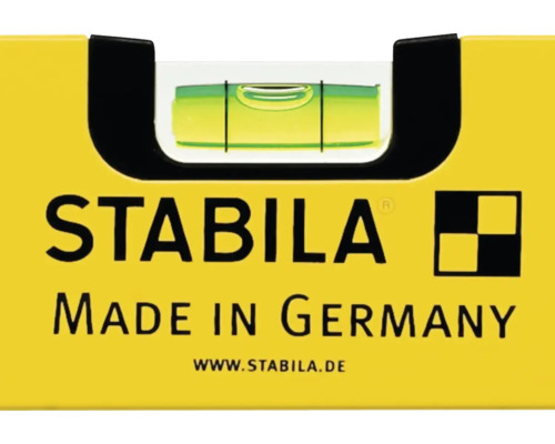 Detail einer Stabila Wasserwaage mit Libelle, Stabila Logo und dem Hinweis Hergestellt in Deutschland.