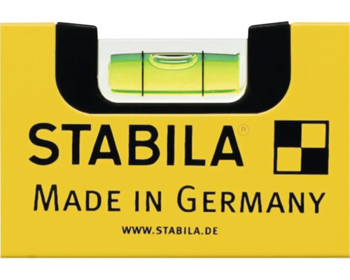 Nahaufnahme einer Stabila Wasserwaage mit Libelle, Stabila Logo und dem Schriftzug Hergestellt in Deutschland.