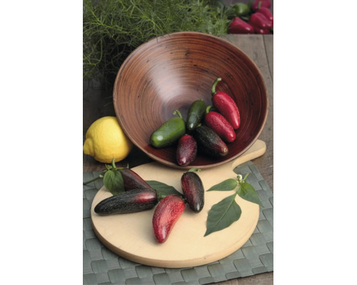 Frische Jalapeño-Paprikas in verschiedenen Reifestadien in einer Holzschale und auf einem Holzbrett neben einer Zitrone.