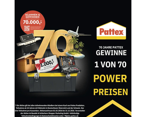 Pattex Logo und Aktionsbanner zum 70 Jahre Jubiläum mit Preisen wie Grill, Gartenhaus, Werkzeugkoffer, Reise und Gutschein sowie QR Code.