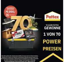 Pattex Logo und Aktionsbanner zum 70 Jahre Jubiläum mit Preisen wie Grill, Gartenhaus, Werkzeugkoffer, Reise und Gutschein sowie QR Code.