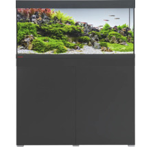 EHEIM Aquarium-Kombination mit anthrazitfarbenem Unterschrank, zwei Türen und bepflanztem Becken mit Fischen.