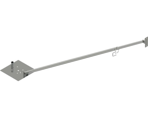 Teleskopierbare Stützstange aus Metall mit quadratischer Bodenplatte und Wandhalterung.