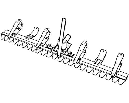 Schematische Zeichnung eines Planierrechens mit gezackter Kante und Hebeln.