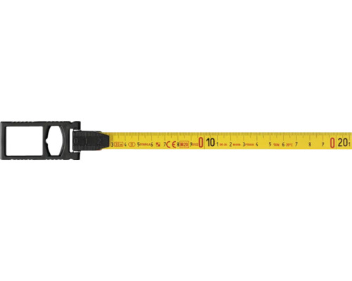 Stabila Bandmaß mit gelbem Skalenband und schwarzem Anfangsbeschlag, metrische Skala.