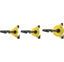 Drei Stabila Rahmenbandmaße in den Längen 30 Meter, 50 Meter und 100 Meter mit ergonomischem Griff und Kurbel.