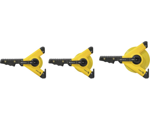 Drei Stabila Rahmenbandmaße in den Längen 30 Meter, 50 Meter und 100 Meter mit ergonomischem Griff und Kurbel.