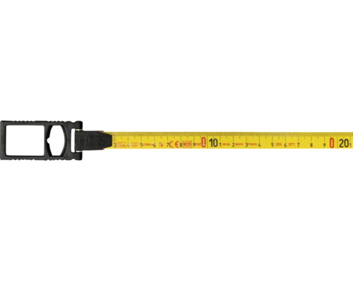 Gelbes Bandmaß mit schwarzem Kunststoffgriff und metrischer Skala in Zentimeter und Millimeter.