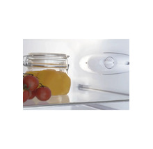 Innenansicht eines Kühlschranks mit Glasablage, Einmachglas, Tomaten und einem mechanischen Thermostatregler.