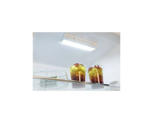 Helle und organisierte Innenansicht eines Kühlschranks mit LED-Beleuchtung und Temperaturregelung über einer Glasablage.