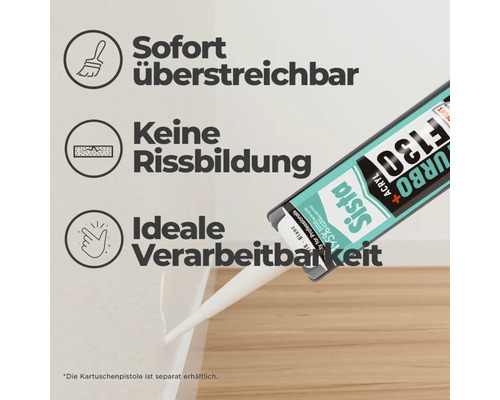 Sista F130 Turbo Acryl Dichtstoff wird an einer Wandfuge aufgetragen. Sofort überstreichbar, keine Rissbildung und ideale Verarbeitbarkeit.