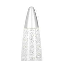 Glitzerlampe mit silbernem Glitzer und spitzer silberner Kappe.