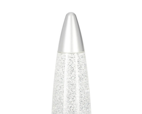 Glitzerlampe mit silbernem Glitzer und spitzer silberner Kappe.
