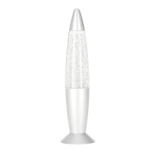 Glitzerlampe in Raketenform mit Metallfuß und Glaszylinder.
