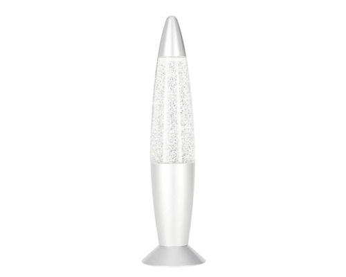 Glitzerlampe in Raketenform mit Metallfuß und Glaszylinder.