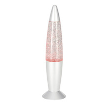 Raketenförmige Glitterlampe mit silbernem Sockel und glitzernder Flüssigkeit.