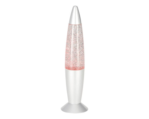 Raketenförmige Glitterlampe mit silbernem Sockel und glitzernder Flüssigkeit.