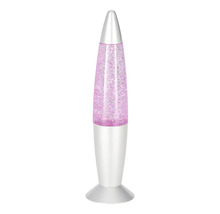 Raketenförmige Glitterlampe mit silbernem Sockel und lilafarbenem Glitter-Effekt.