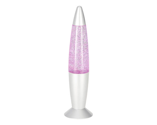 Raketenförmige Glitterlampe mit silbernem Sockel und lilafarbenem Glitter-Effekt.