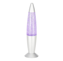 Raketenförmige Glitzerlampe mit silbernem Gehäuse und lila Glitzerpartikeln.