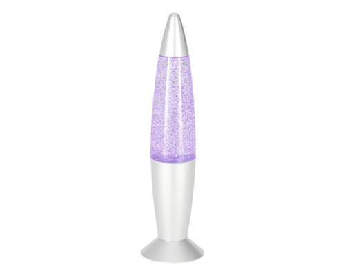 Raketenförmige Glitzerlampe mit silbernem Gehäuse und lila Glitzerpartikeln.