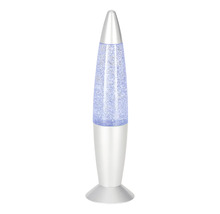 Glitterlampe in Raketenform mit silbernem Gehäuse und blauem Glitter.