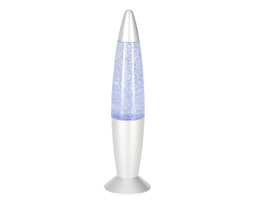 Glitterlampe in Raketenform mit silbernem Gehäuse und blauem Glitter.
