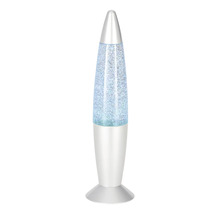 Raketenförmige Glitter-Lavalampe mit silbernem Sockel und glitzerndem Inhalt.