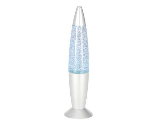 Raketenförmige Glitter-Lavalampe mit silbernem Sockel und glitzerndem Inhalt.