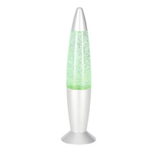 Glitzerlampe in Raketenform mit silberfarbenem Gehäuse und grünem Glitzereffekt.