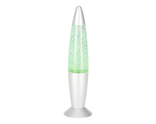 Glitzerlampe in Raketenform mit silberfarbenem Gehäuse und grünem Glitzereffekt.