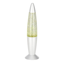Raketenförmige Glitzerlampe mit silberfarbenem Metallfuß und Glaskörper.