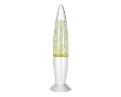 Raketenförmige Glitzerlampe mit silberfarbenem Metallfuß und Glaskörper.