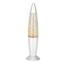 Glitzerlampe in Raketenform mit silbernem Gehäuse und schwebendem Glitzer.