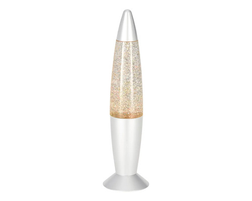 Glitzerlampe in Raketenform mit silbernem Gehäuse und schwebendem Glitzer.