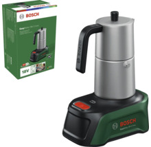 Bosch Akku-Espressokocher EasyMoka 18 Volt-2 Inox aus Edelstahl mit Basisstation und Produktverpackung. Bosch Logo.
