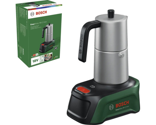 Bosch Akku-Espressokocher EasyMoka 18 Volt-2 Inox aus Edelstahl mit Basisstation und Produktverpackung. Bosch Logo.
