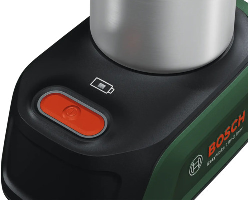 Bosch EasyMoka 18V Akku-Espressokocher mit Einschaltknopf und Batteriestandsanzeige.